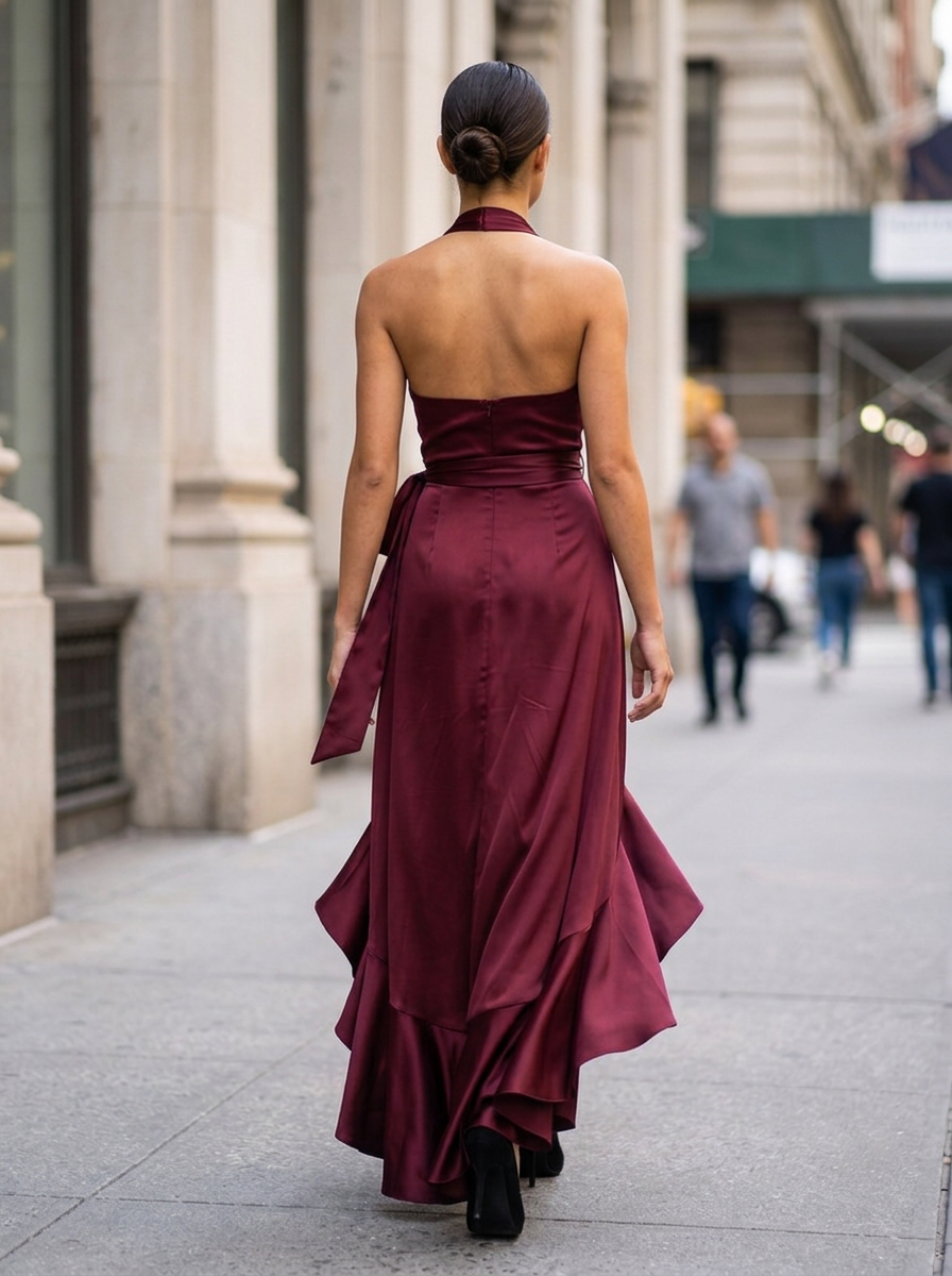 Twilight Elegance Satin Halter Wrap Gown - Burgundy back view