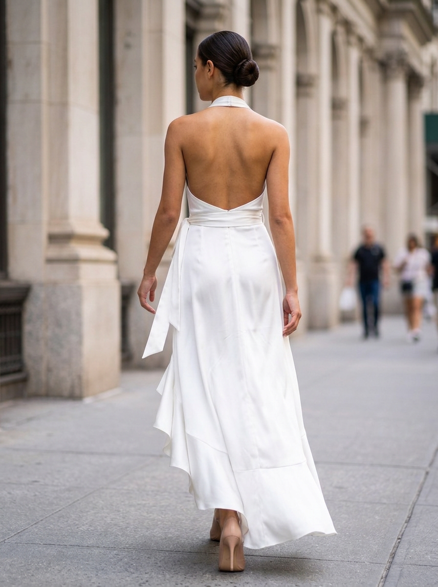 Twilight Elegance Satin Halter Wrap Gown - White back view