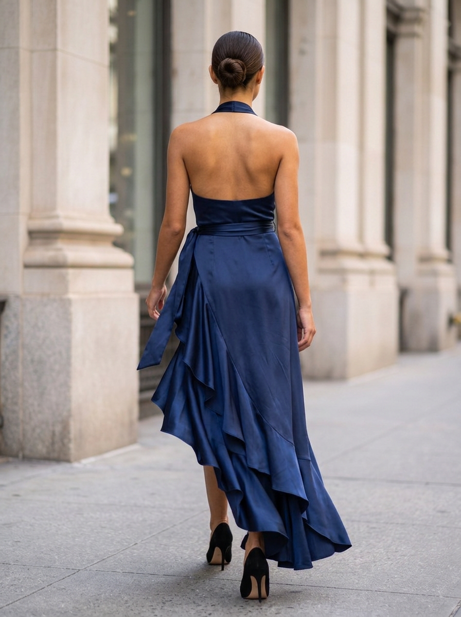 Twilight Elegance Satin Halter Wrap Gown - Royal Blue back view