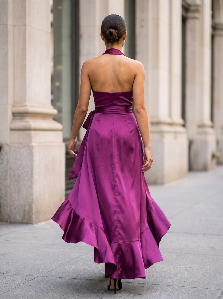 Twilight Elegance Satin Halter Wrap Gown - Fuchsia back view