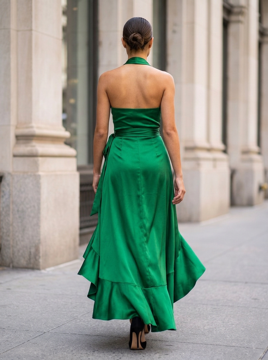 Twilight Elegance Satin Halter Wrap Gown - Green back view