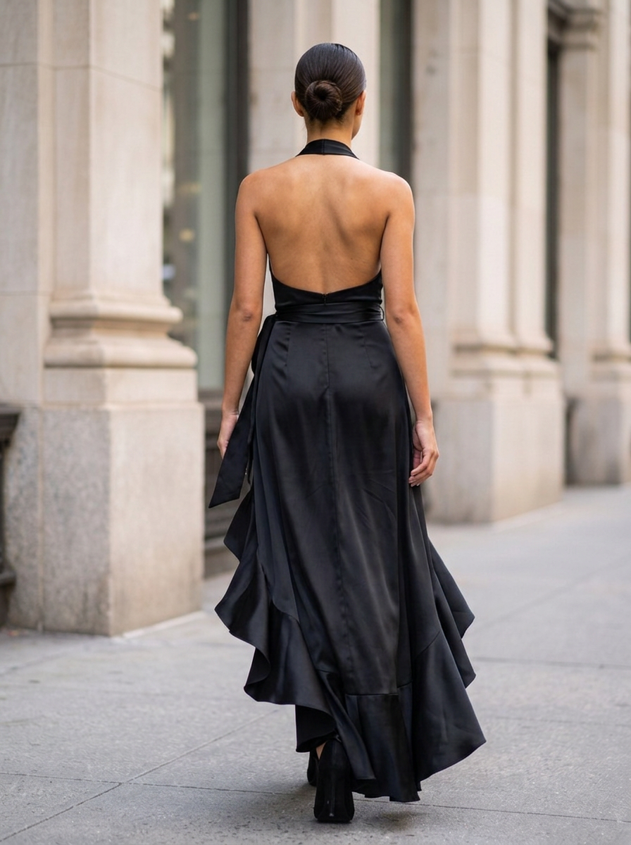Twilight Elegance Satin Halter Wrap Gown - Black back view