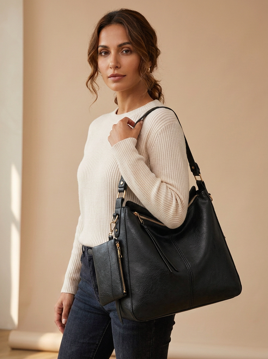 Aria Hobo Bag in Black - front view