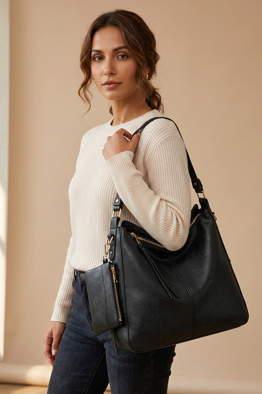 Aria Hobo Bag in Black - front view