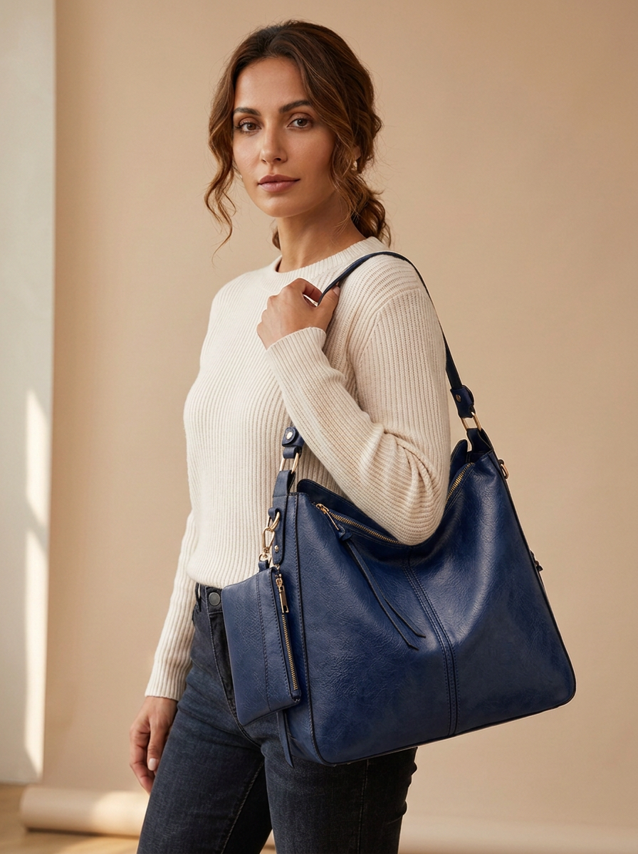 Aria Hobo Bag in Navy Blue - front view