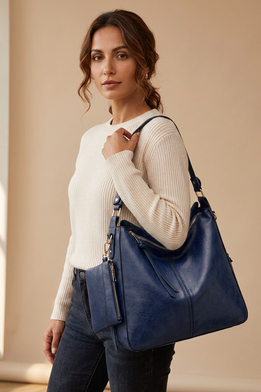 Aria Hobo Bag in Navy Blue - front view