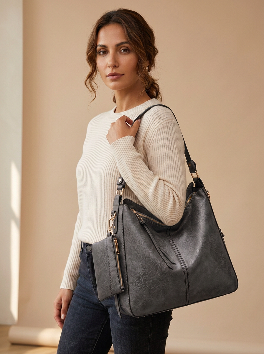 Aria Hobo Bag in Grey - front view