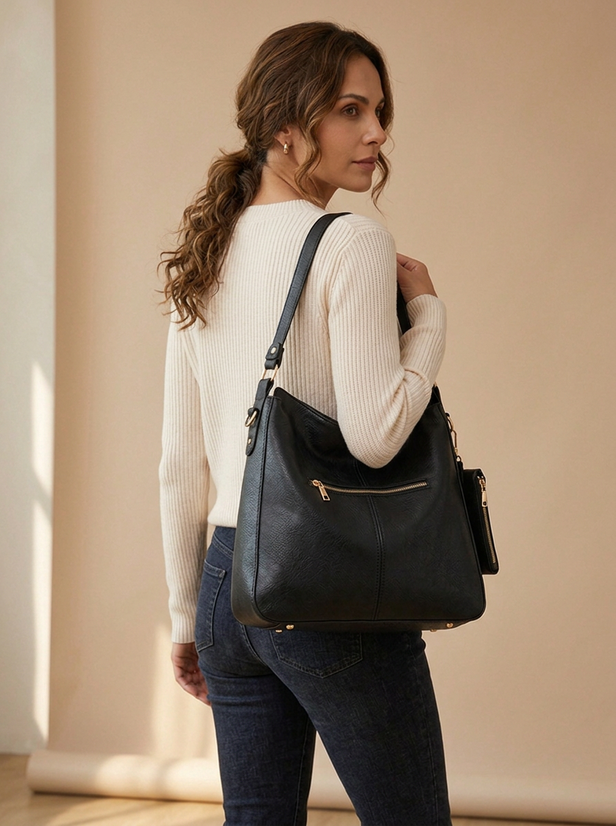 Aria Hobo Bag in Black - back view