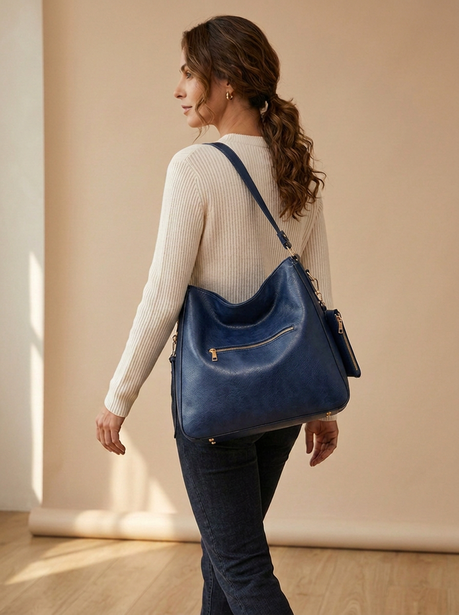 Aria Hobo Bag in Navy Blue - back view