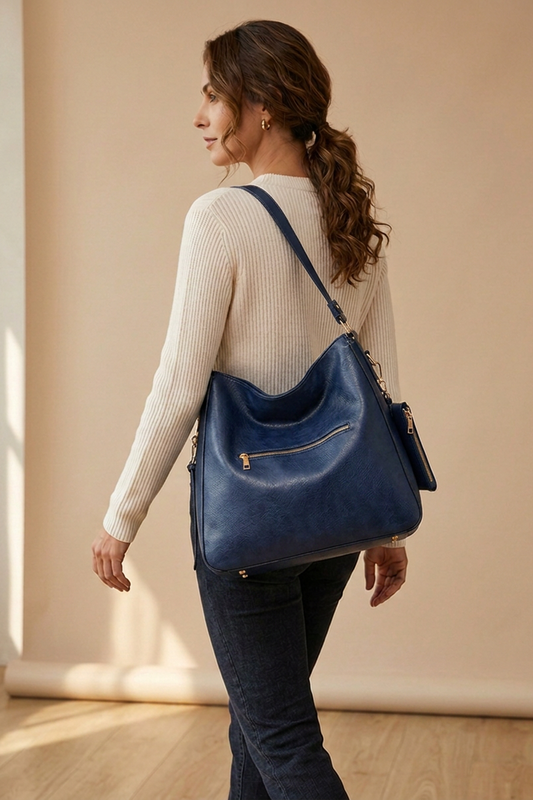 Aria Hobo Bag in Navy Blue - back view