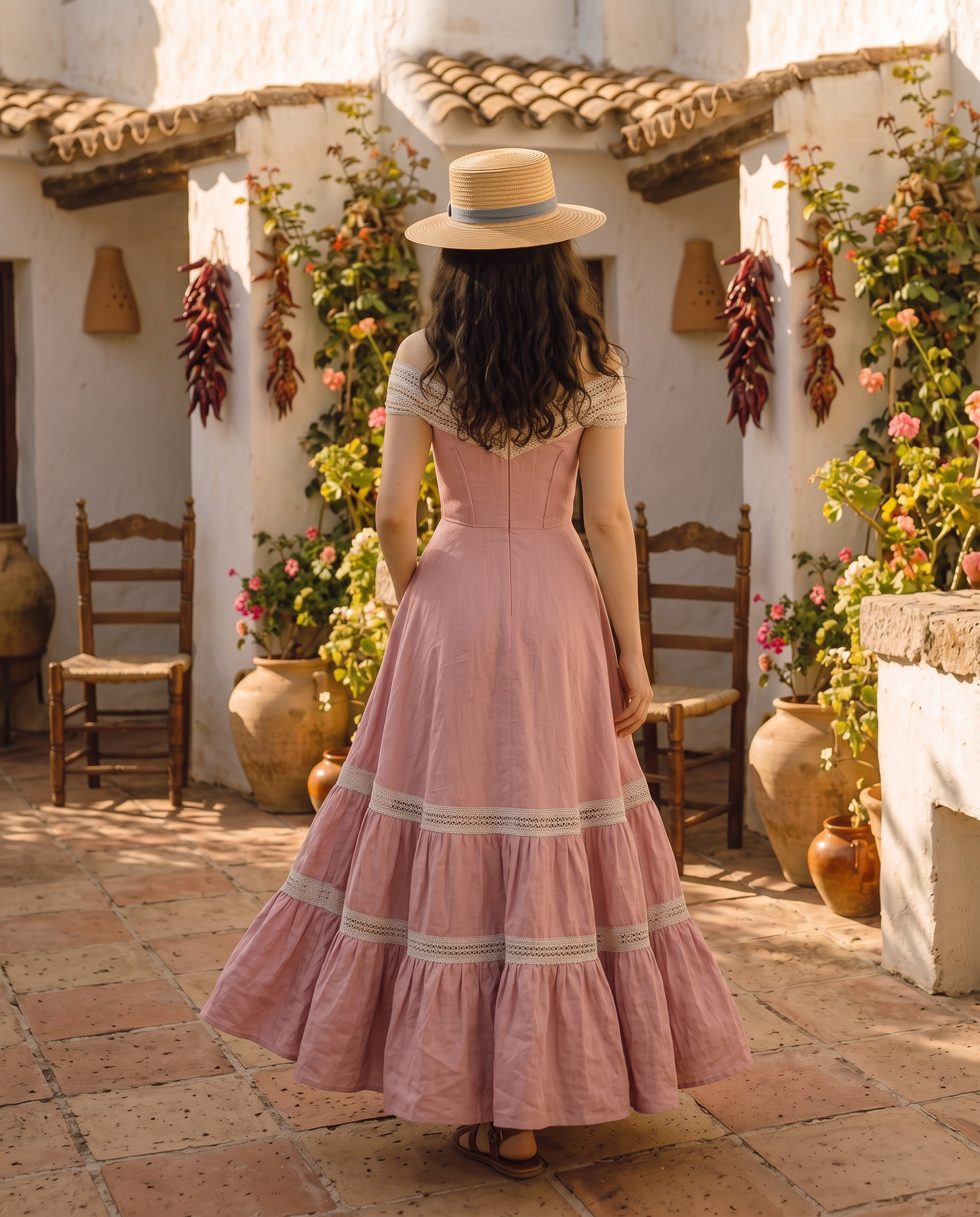 Marisol Lace-Trim Linen Maxi Dress in Sakura Cherry - back