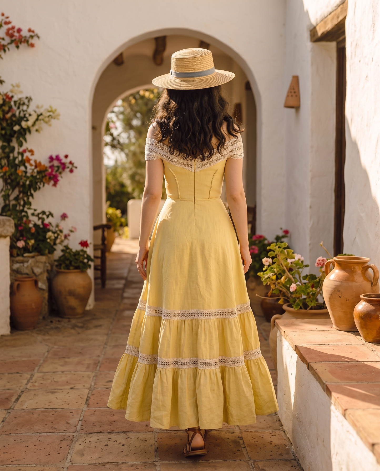 Marisol Lace-Trim Linen Maxi Dress in Butter Yellow - back