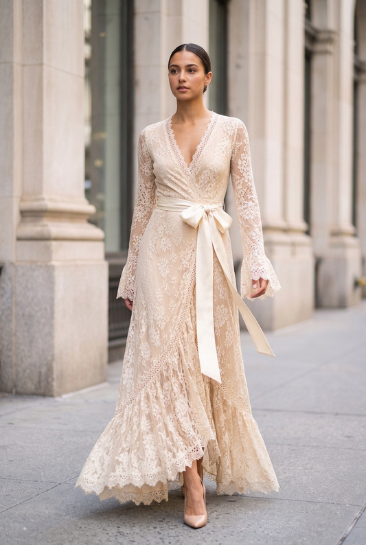 Adeline Lace Wrap Bow-Waist Maxi Dress - Ivory front