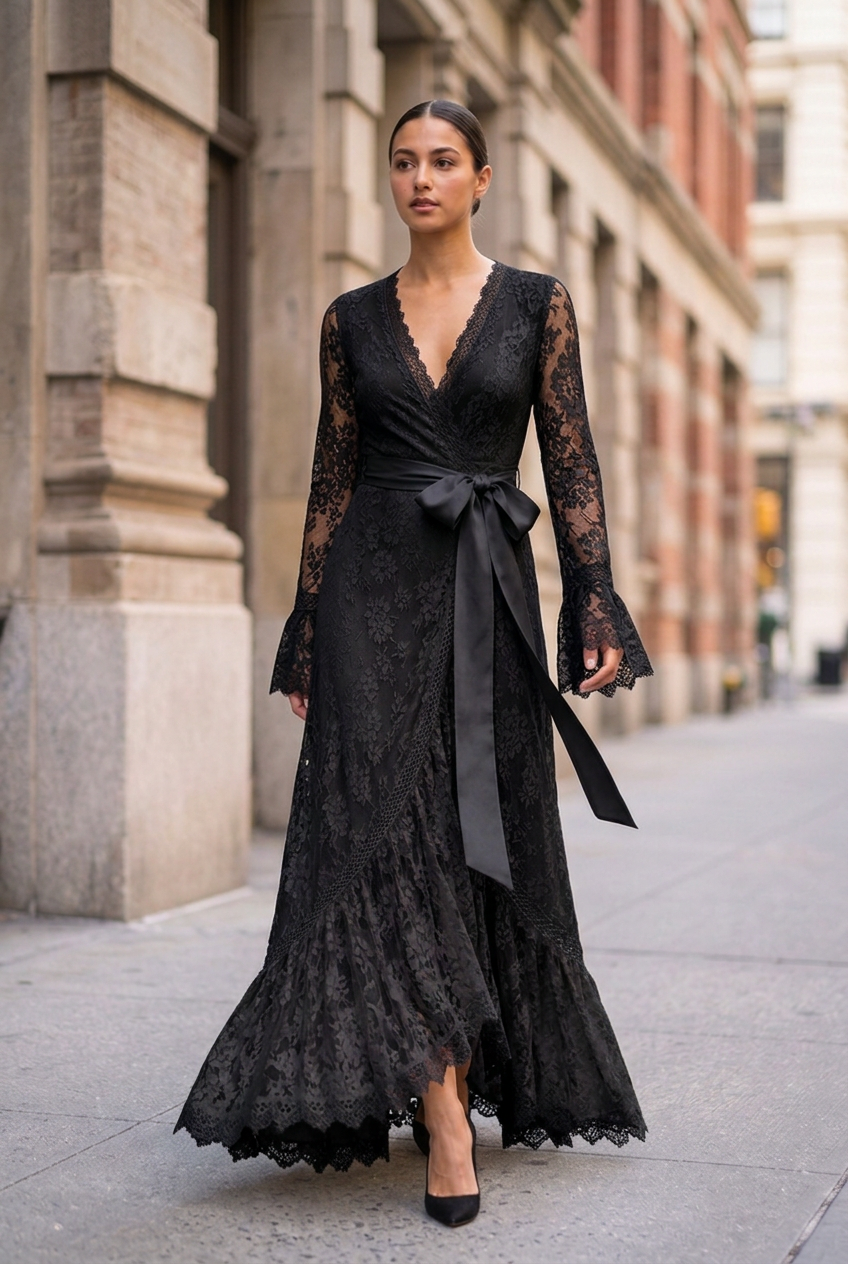 Adeline Lace Wrap Bow-Waist Maxi Dress - Black front