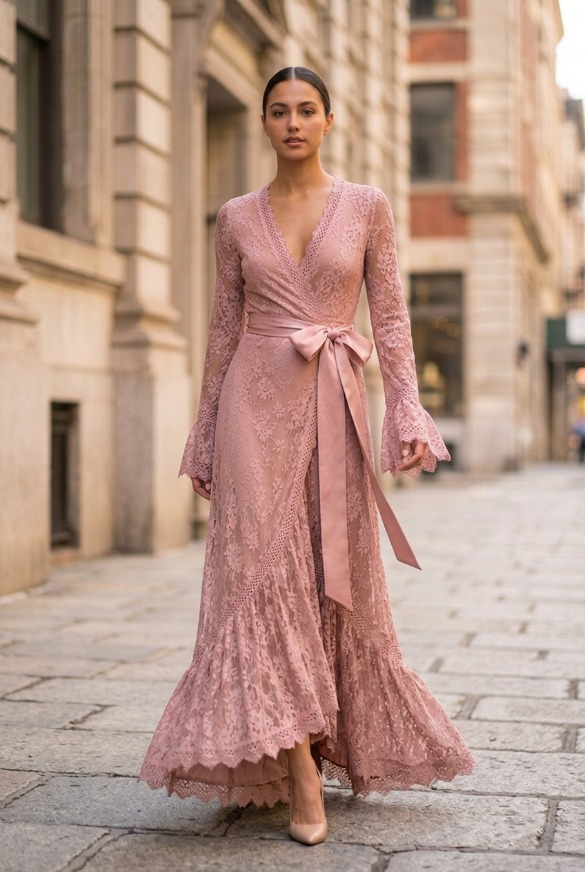 Adeline Lace Wrap Bow-Waist Maxi Dress - Dusty Rose front