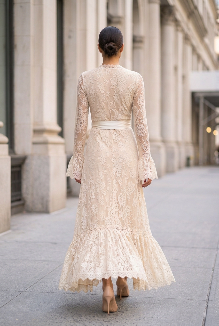 Adeline Lace Wrap Bow-Waist Maxi Dress - Ivory back