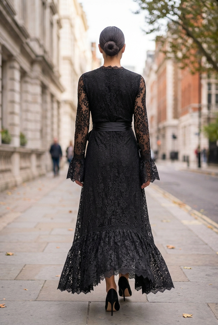Adeline Lace Wrap Bow-Waist Maxi Dress - Black back
