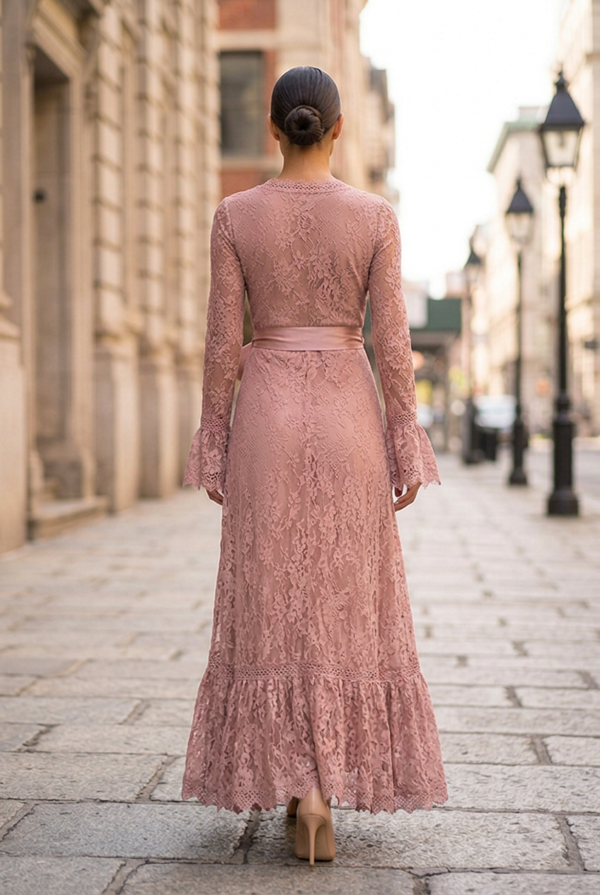 Adeline Lace Wrap Bow-Waist Maxi Dress - Dusty Rose back