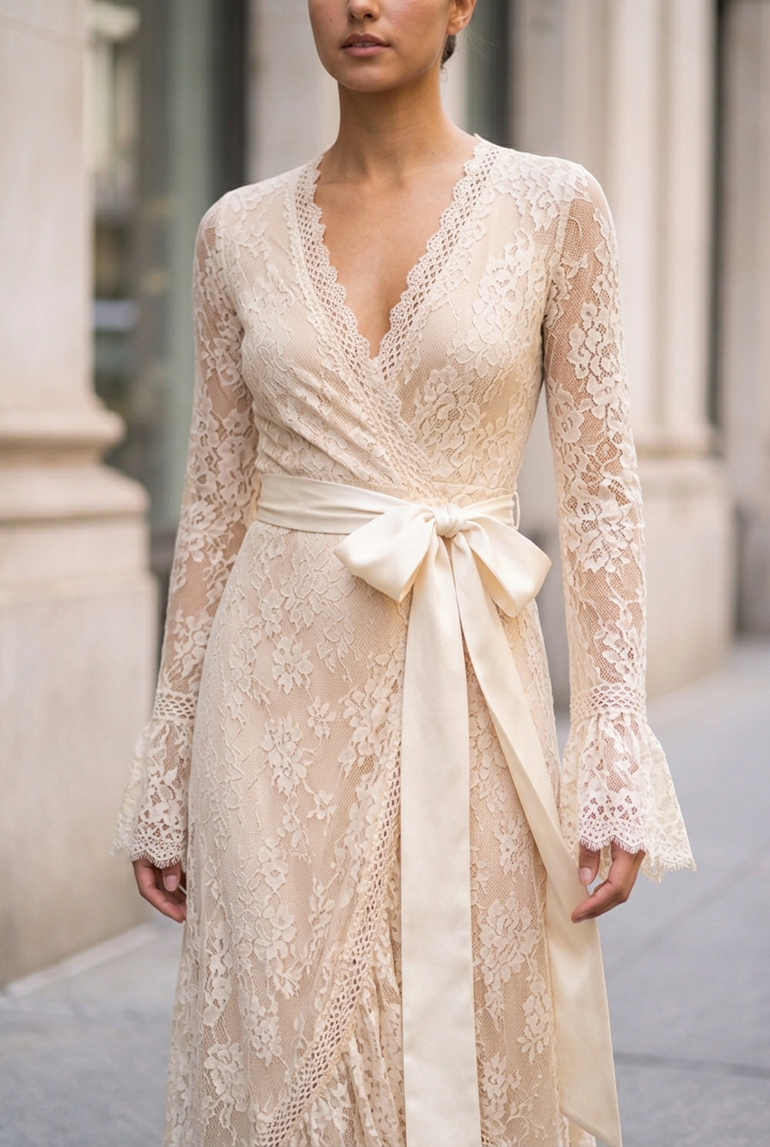 Adeline Lace Wrap Bow-Waist Maxi Dress - Ivory bodice and bow detail