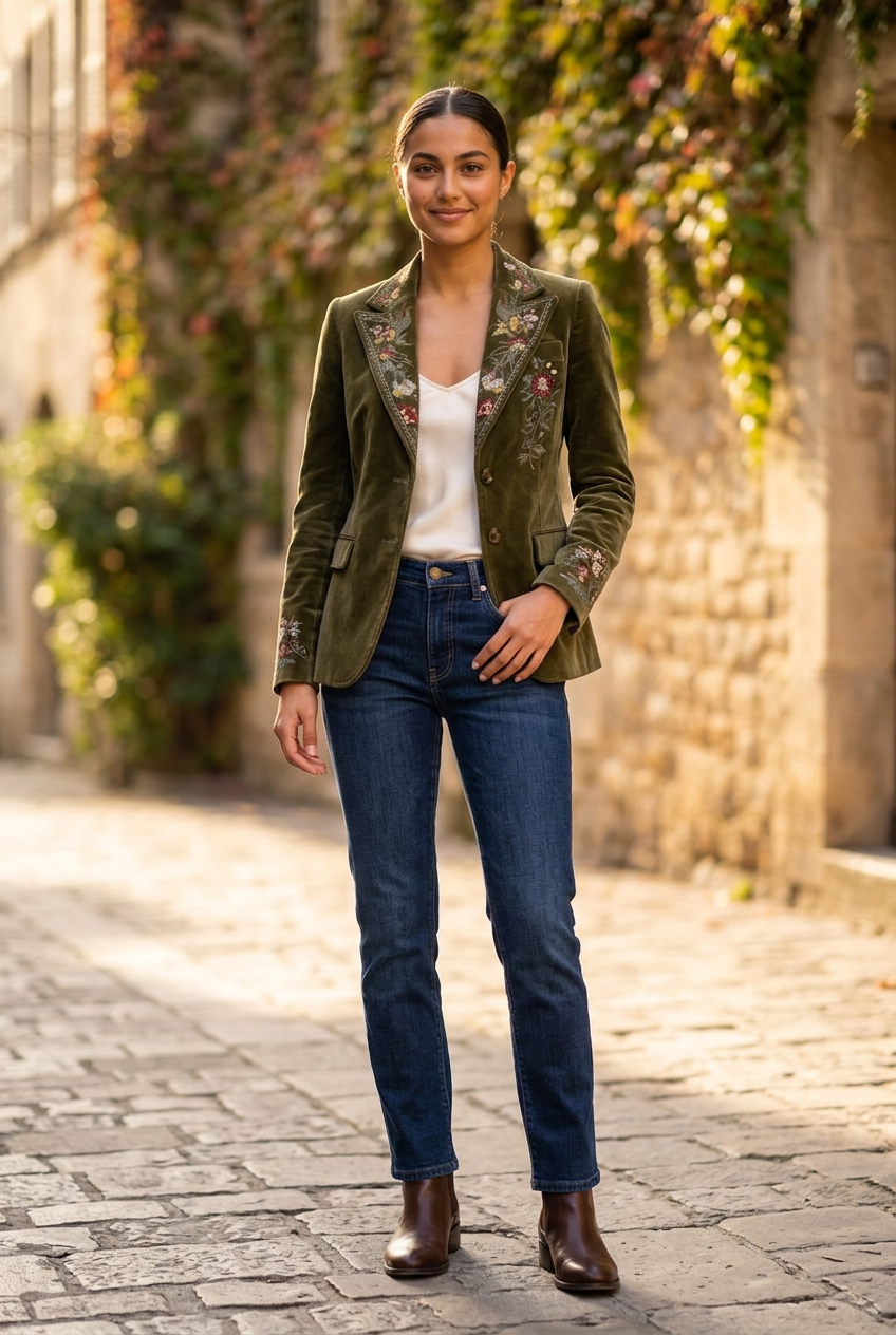 Juniper Floral Embroidered Velvet Blazer in Green - front