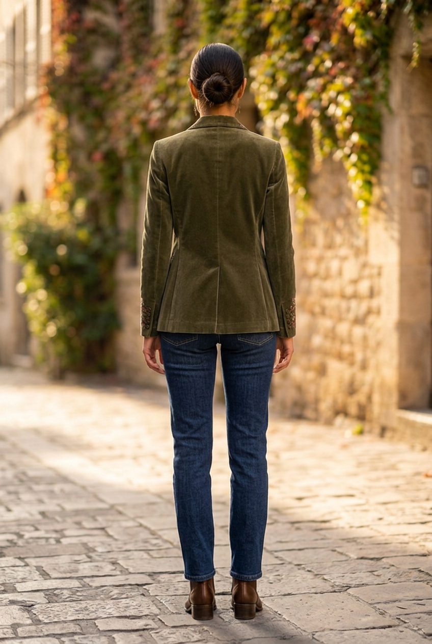 Juniper Floral Embroidered Velvet Blazer in Green - back