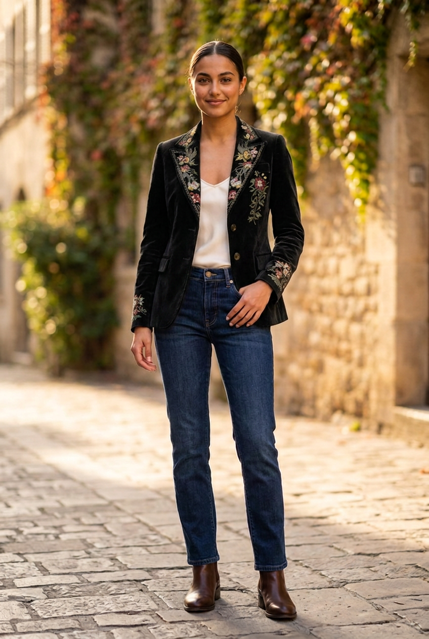 Juniper Floral Embroidered Velvet Blazer in Black - front