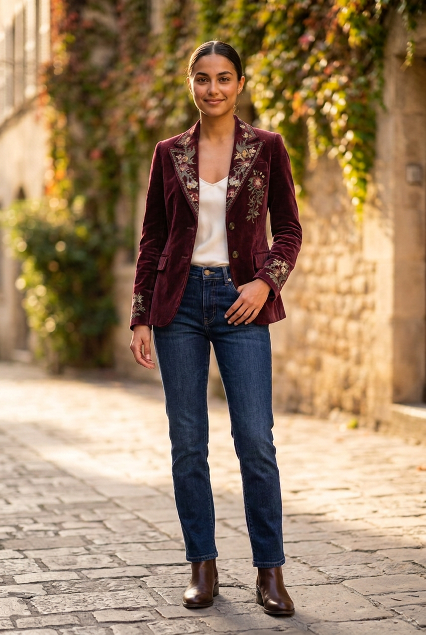 Juniper Floral Embroidered Velvet Blazer in Burgundy - front