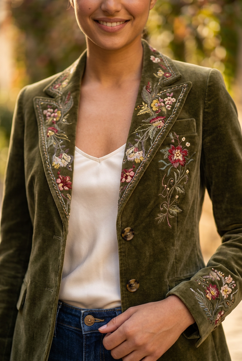 Juniper Floral Embroidered Velvet Blazer - floral embroidery detail