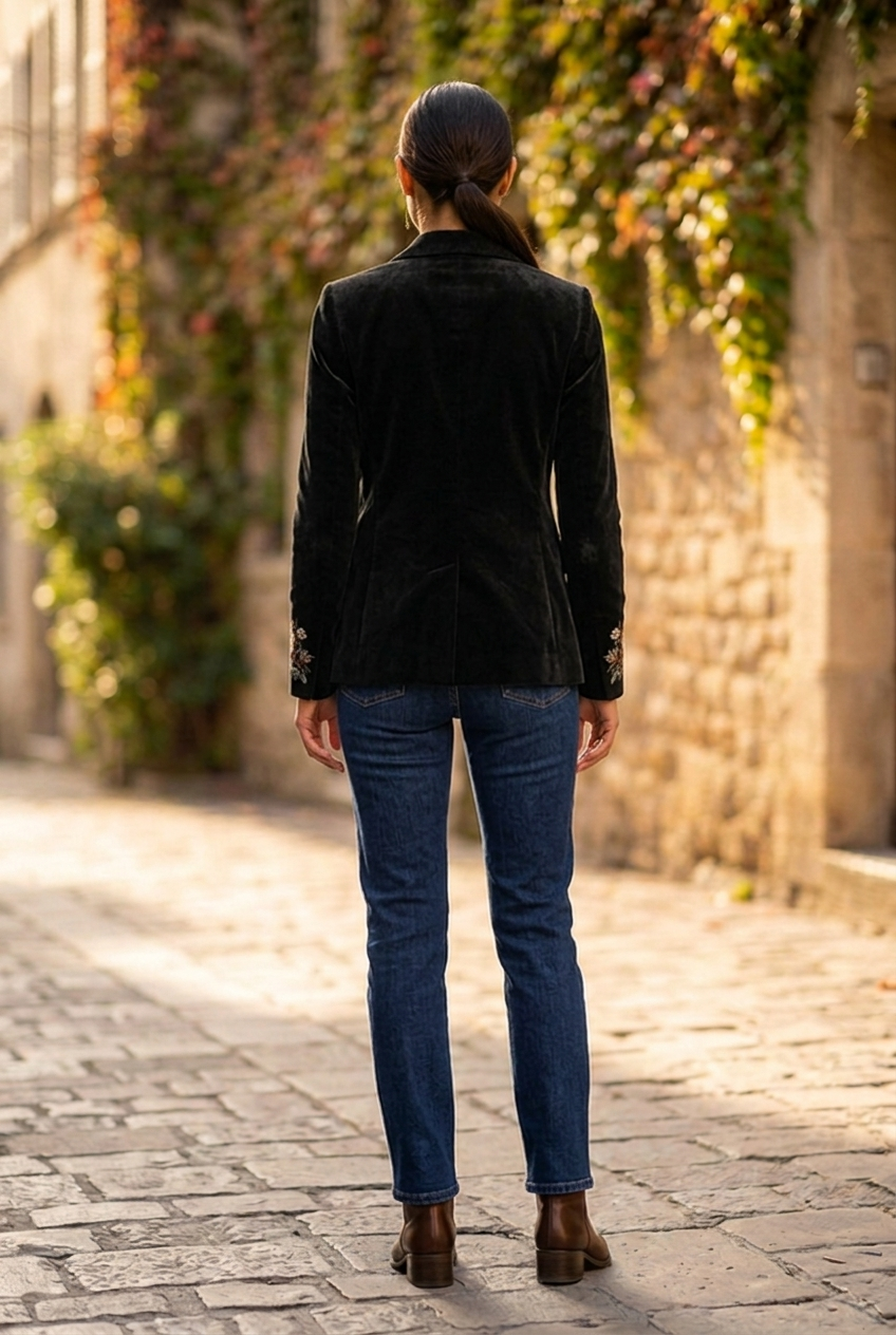 Juniper Floral Embroidered Velvet Blazer in Black - back