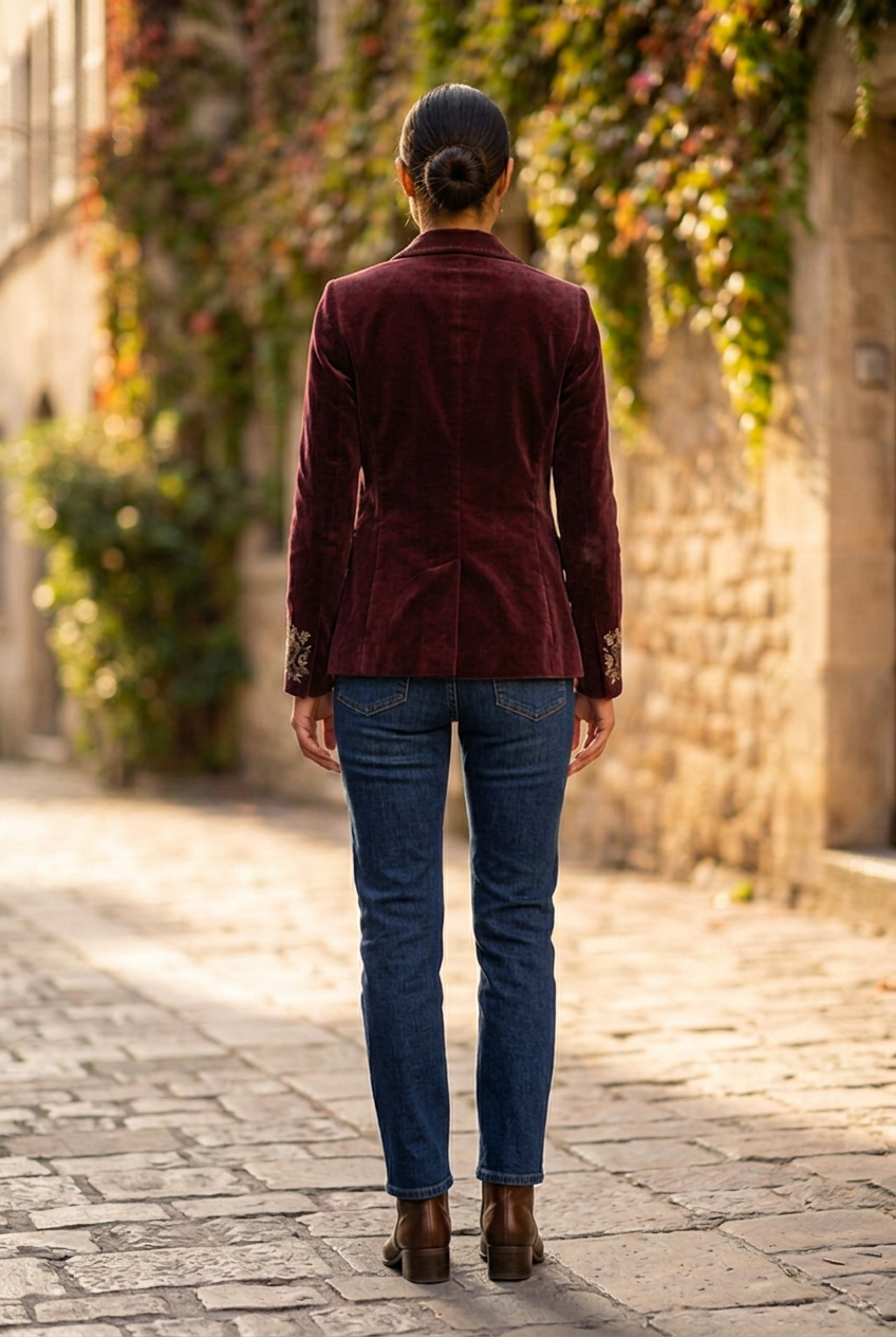 Juniper Floral Embroidered Velvet Blazer in Burgundy - back