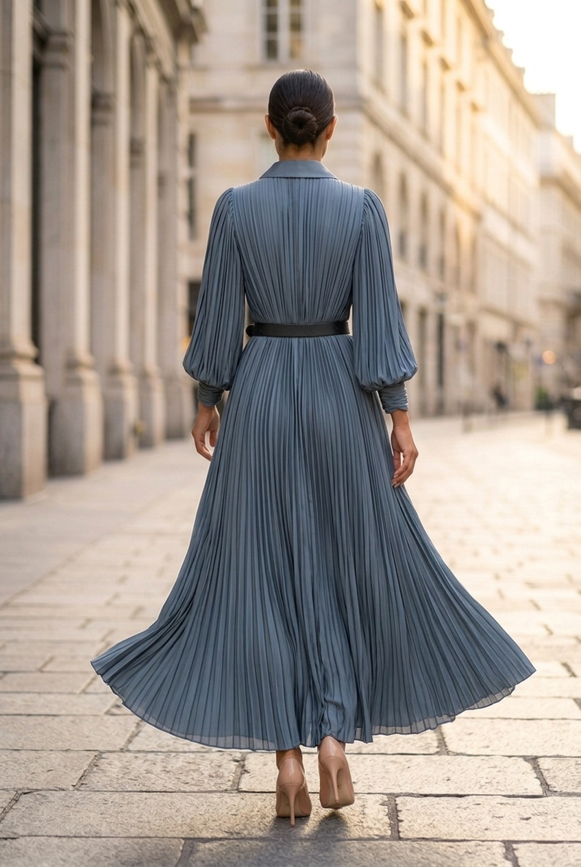 Adriana Belted Pleated Maxi Dress in Blue - back