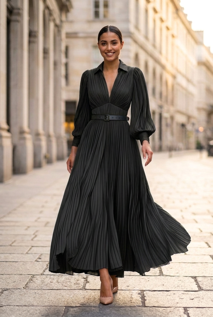 Adriana Belted Pleated Maxi Dress in Black - front