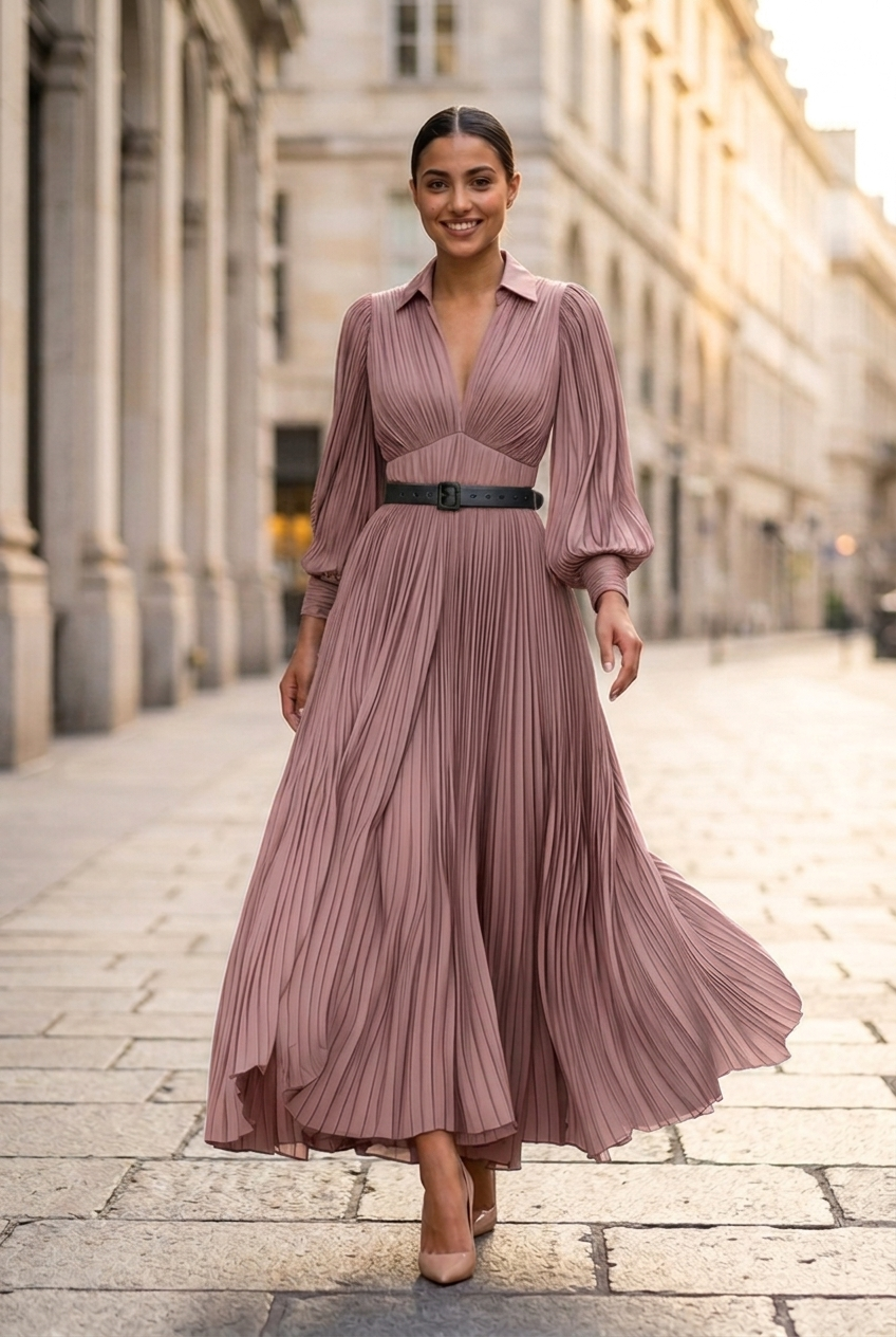 Adriana Belted Pleated Maxi Dress in Dusty Rose - front