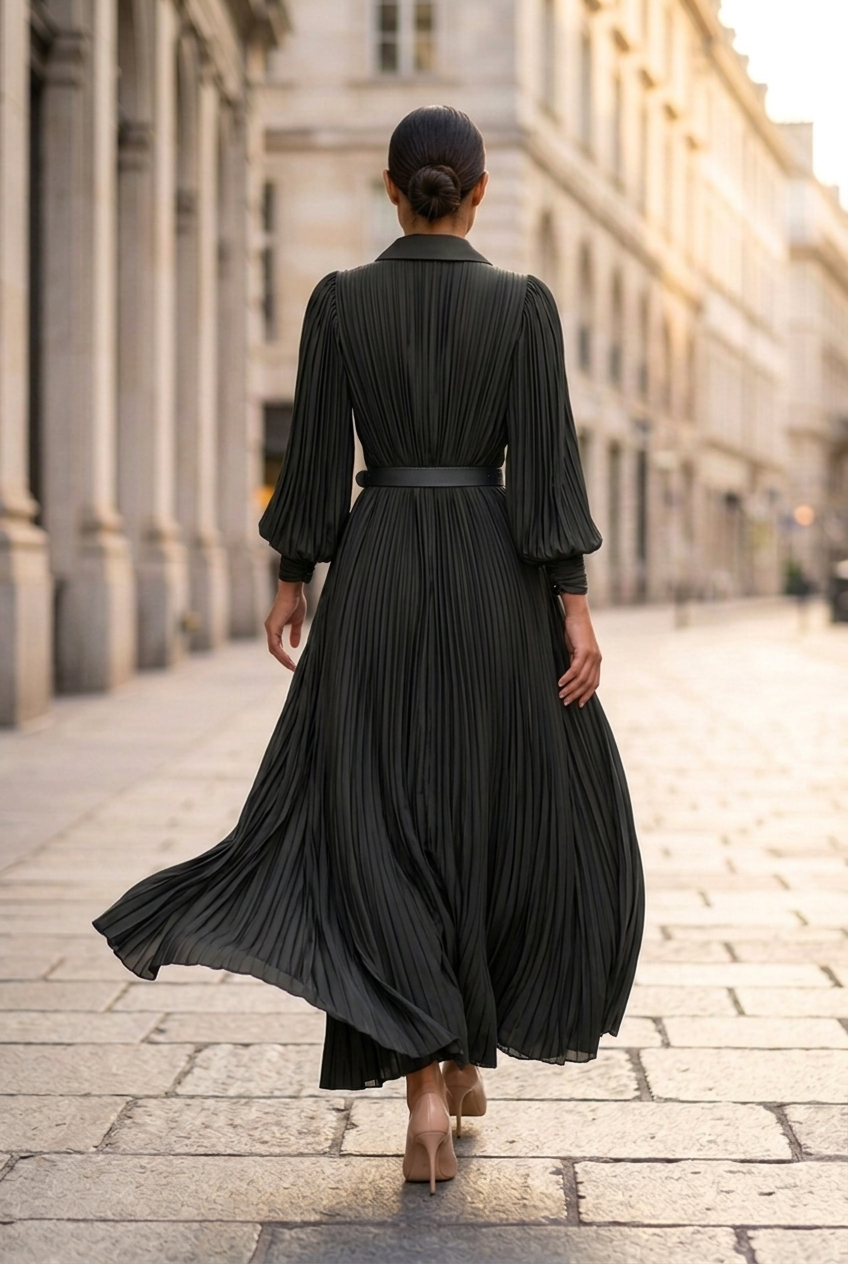 Adriana Belted Pleated Maxi Dress in Black - back