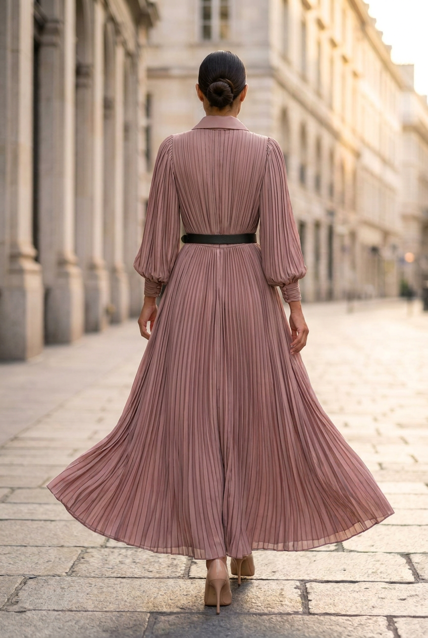 Adriana Belted Pleated Maxi Dress in Dusty Rose - back