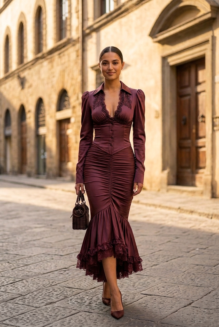 Vivienne Ruched Lace-Trim Mermaid Midi Dress - Burgundy front full body