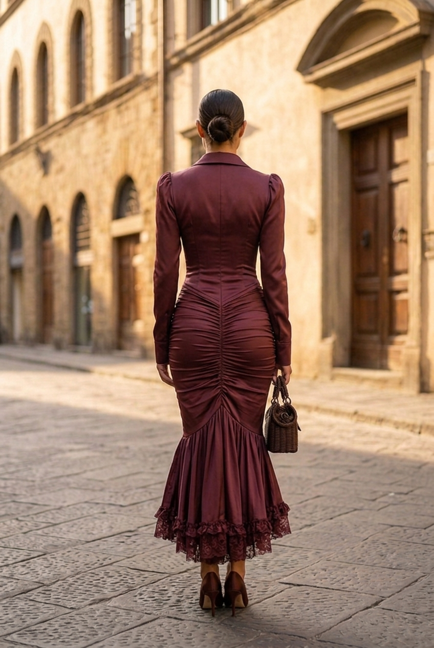 Vivienne Ruched Lace-Trim Mermaid Midi Dress - Burgundy back full body