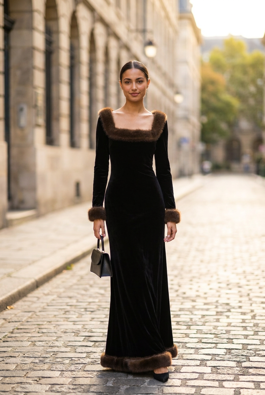 Seraphine Fur-Trimmed Velvet Evening Gown in Black, front view
