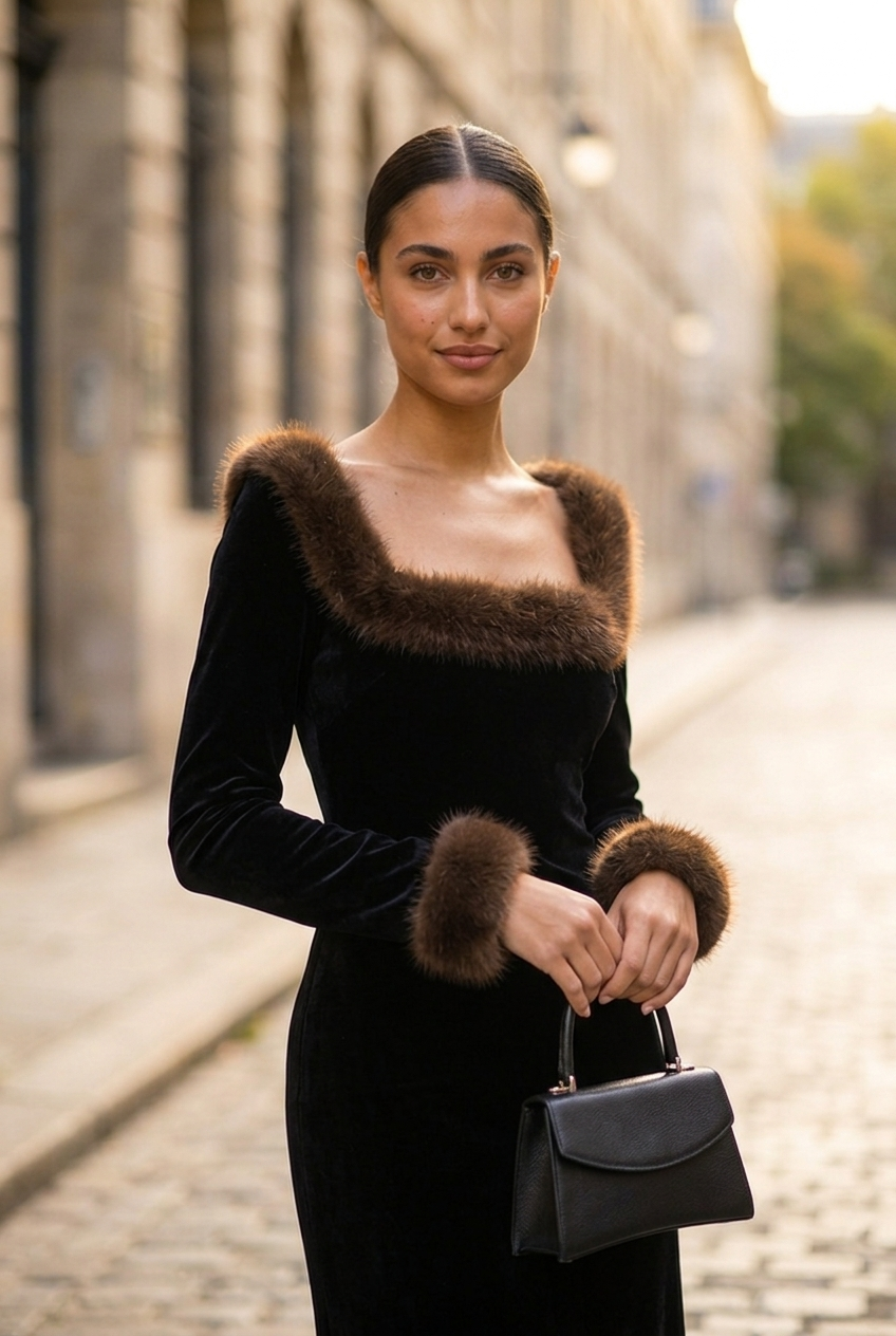 Seraphine Fur-Trimmed Velvet Evening Gown in Black, neckline and cuff detail