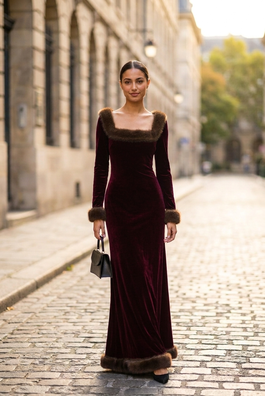 Seraphine Fur-Trimmed Velvet Evening Gown in Burgundy, front view