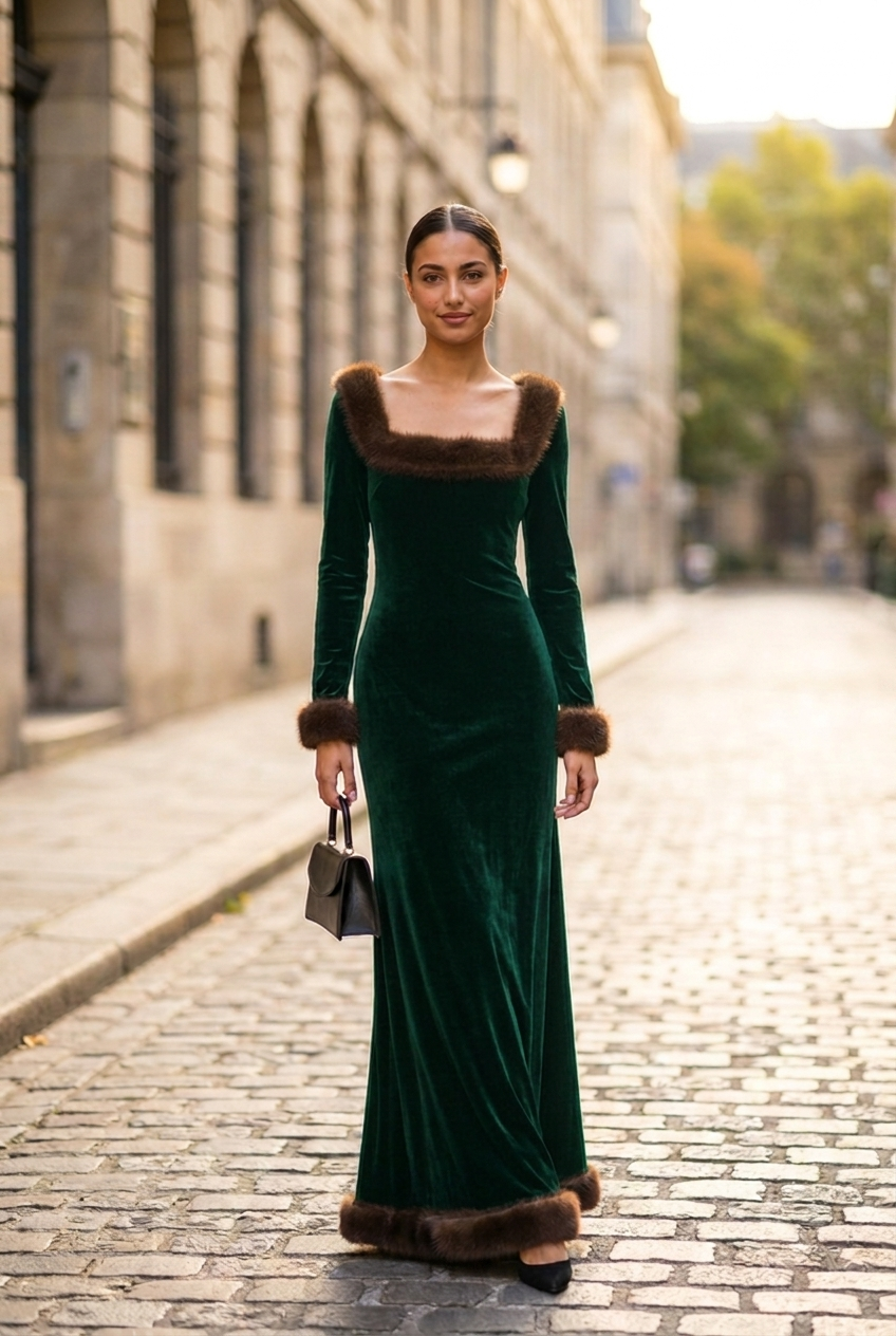Seraphine Fur-Trimmed Velvet Evening Gown in Green, front view