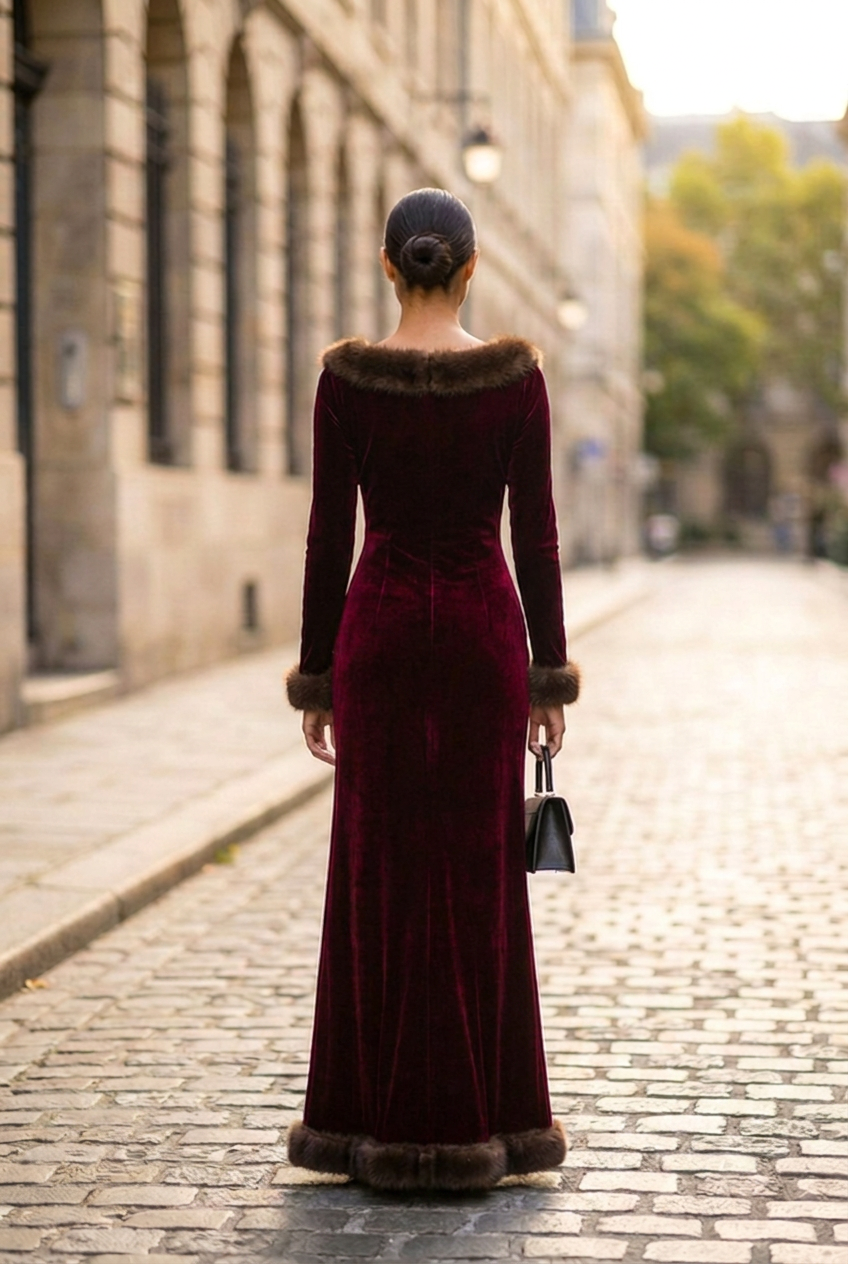 Seraphine Fur-Trimmed Velvet Evening Gown in Burgundy, back view