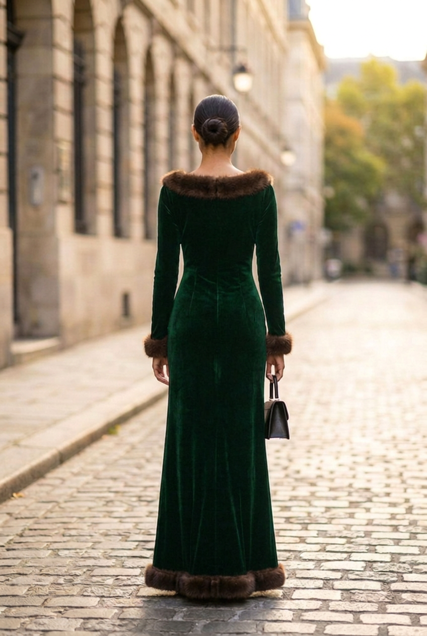 Seraphine Fur-Trimmed Velvet Evening Gown in Green, back view
