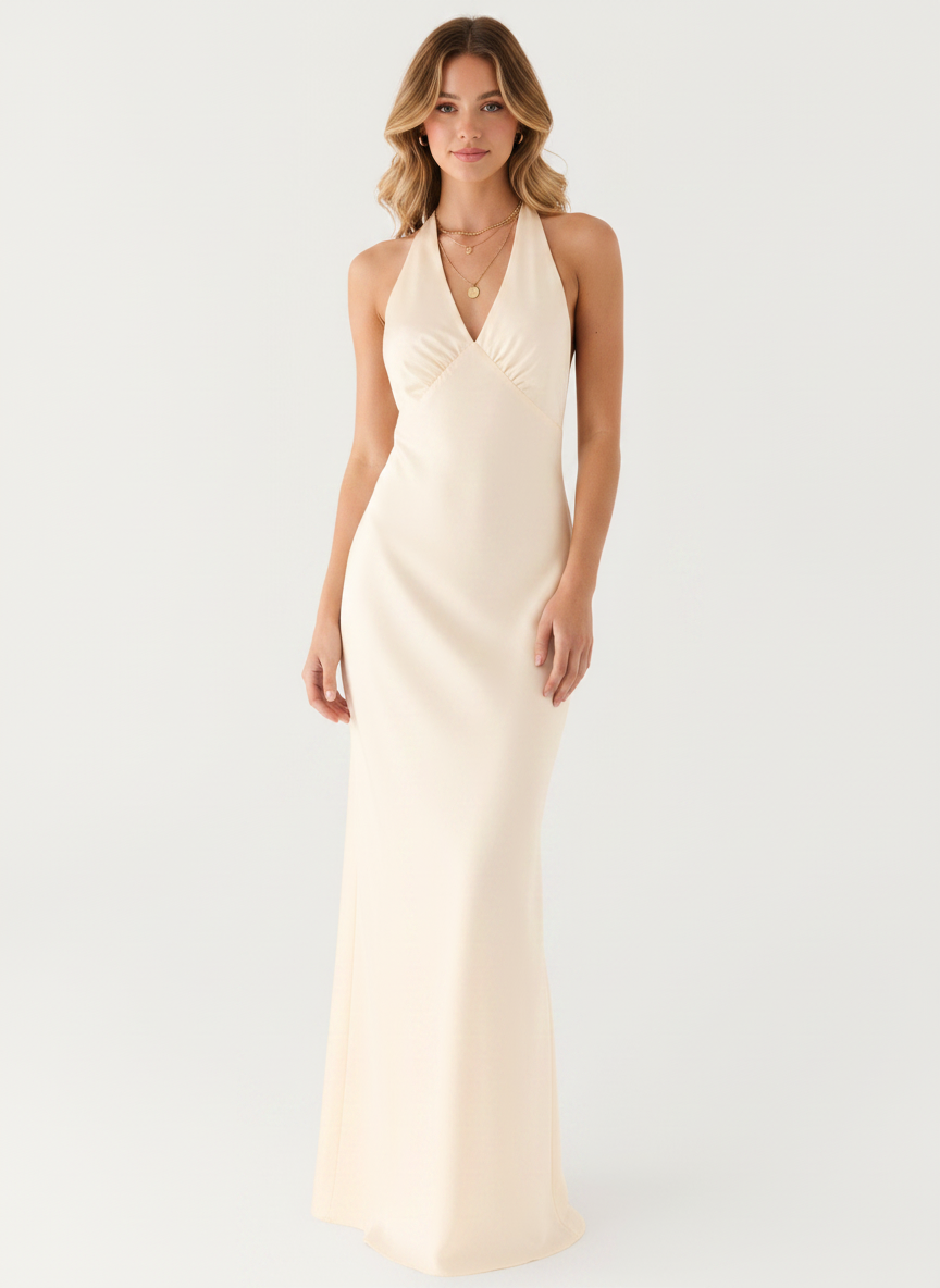 Aveline Pearl Satin Halter Evening Gown - Ivory front