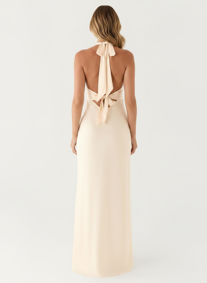 Aveline Pearl Satin Halter Evening Gown - Ivory back