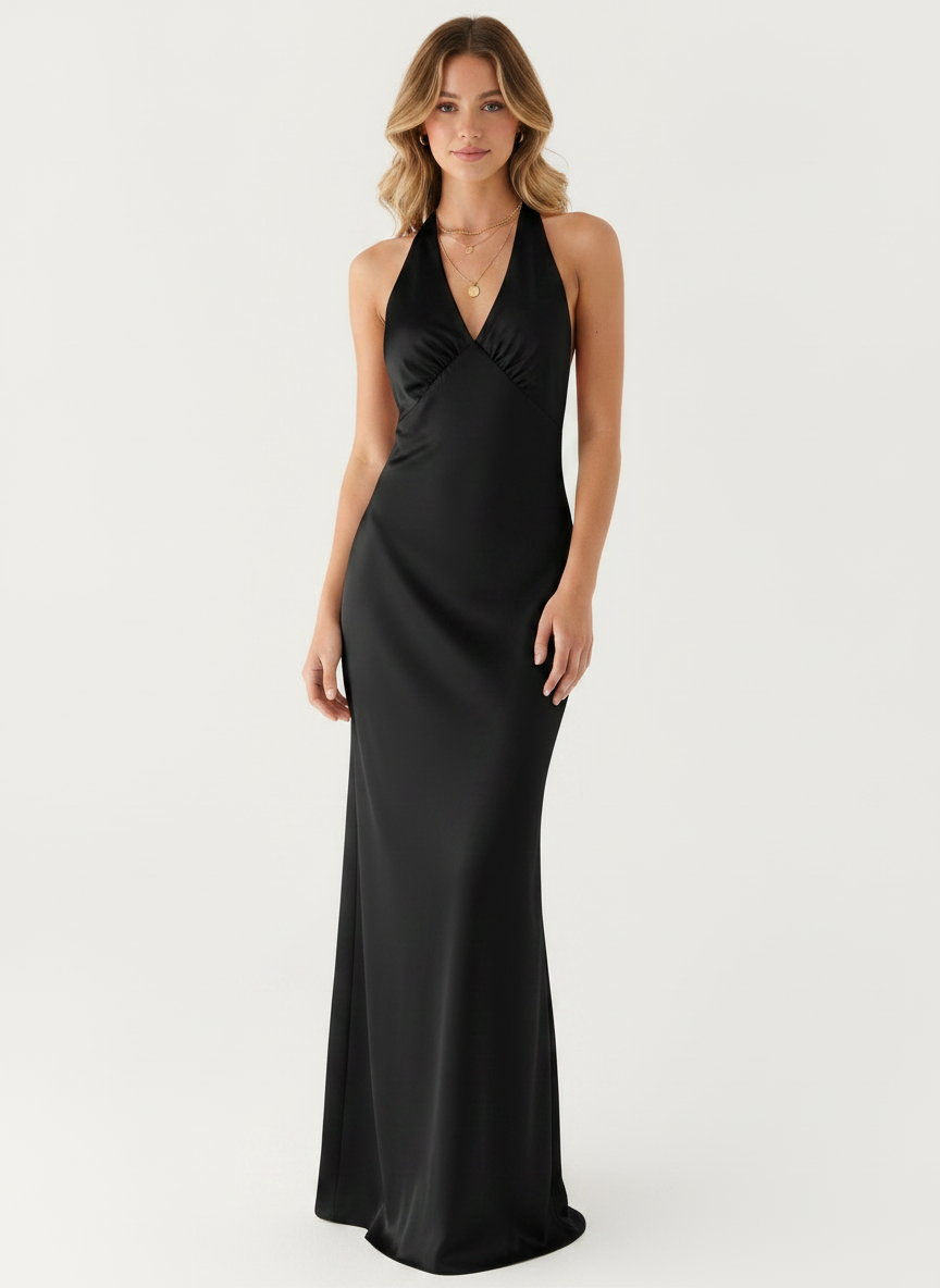 Aveline Pearl Satin Halter Evening Gown - Black front