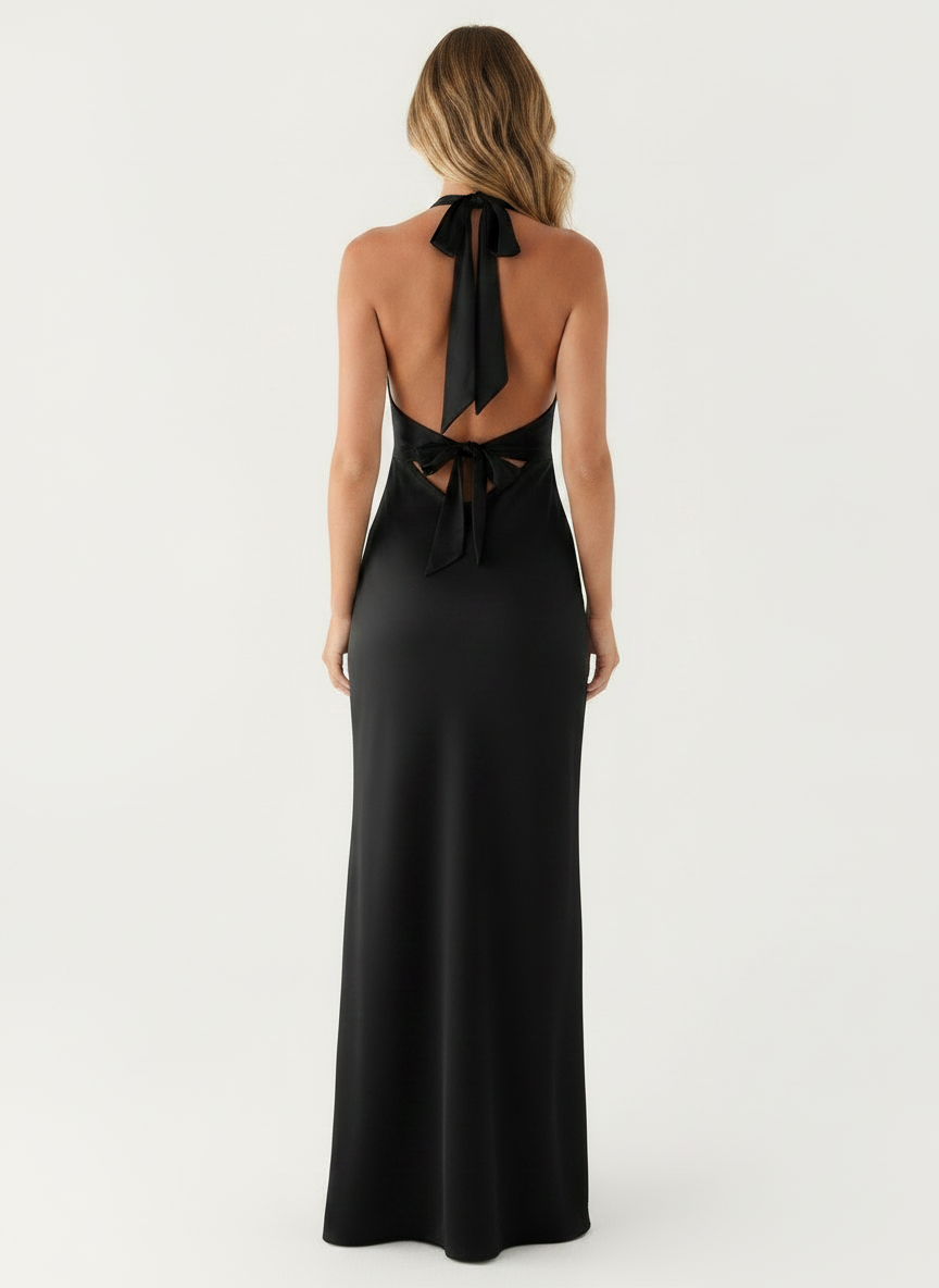 Aveline Pearl Satin Halter Evening Gown - Black back
