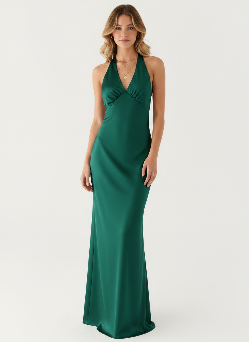 Aveline Pearl Satin Halter Evening Gown - Green front