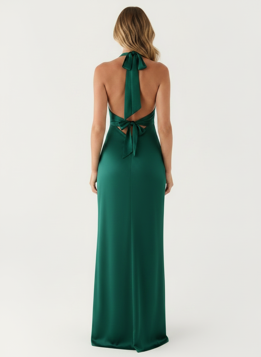 Aveline Pearl Satin Halter Evening Gown - Green back