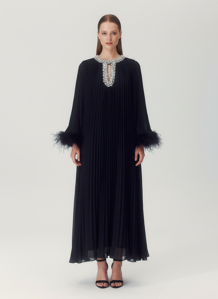Odessa Crystal Collar Feather-Cuff Pleated Maxi Dress - Black front